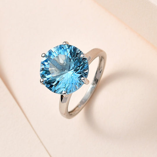 120 Facetten Himmelblauer Topas Ring, 925 Silber platiniert ca. 8.47 ct