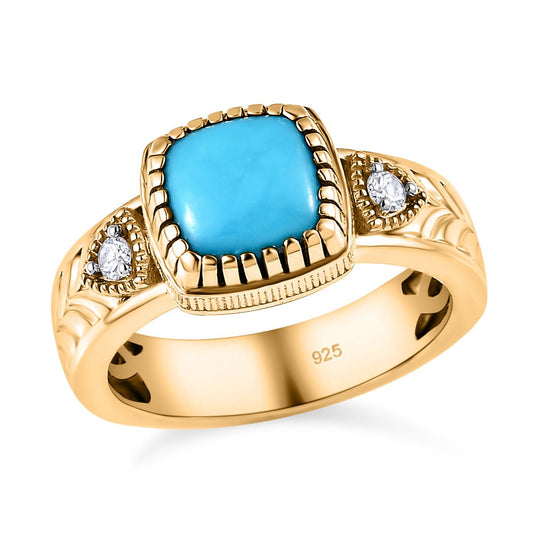 Amerikanischer, natürlicher Sleeping Beauty Türkis, weißer Zirkon Ring, 925 Silber Gelbgold Vermeil ca. 1.57 ct