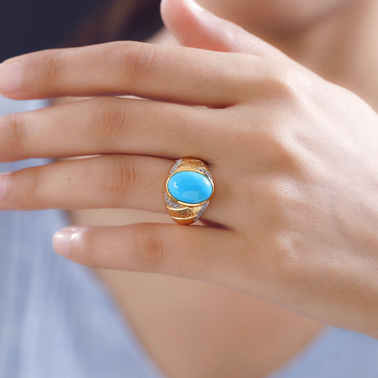 Amerikanischer Sleeping Beauty Türkis, weißer Zirkon Ring, 925 Silber Gelbgold Vermeil ca. 5.16 ct