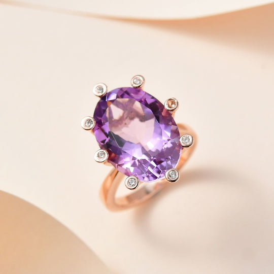 Rose De France Amethyst, weißer Zirkon Ring, 925 Silber rosévergoldet ca. 11.77 ct