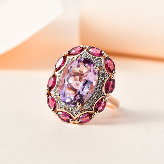 Rose De France Amethyst, Rhodolith Granat Ring 925 Silber rosévergoldet ca. 7.57 ct