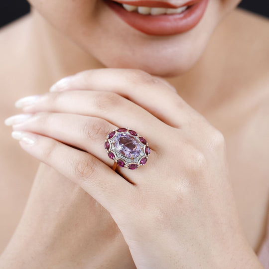 Rose De France Amethyst, Rhodolith Granat Ring 925 Silber rosévergoldet ca. 7.57 ct