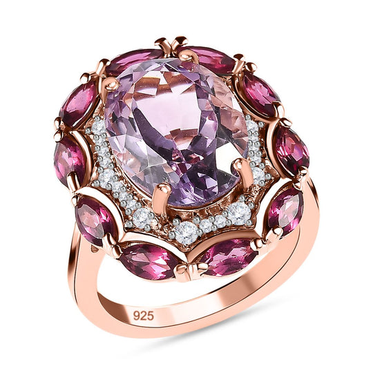 Rose De France Amethyst, Rhodolith Granat Ring 925 Silber rosévergoldet ca. 7.57 ct