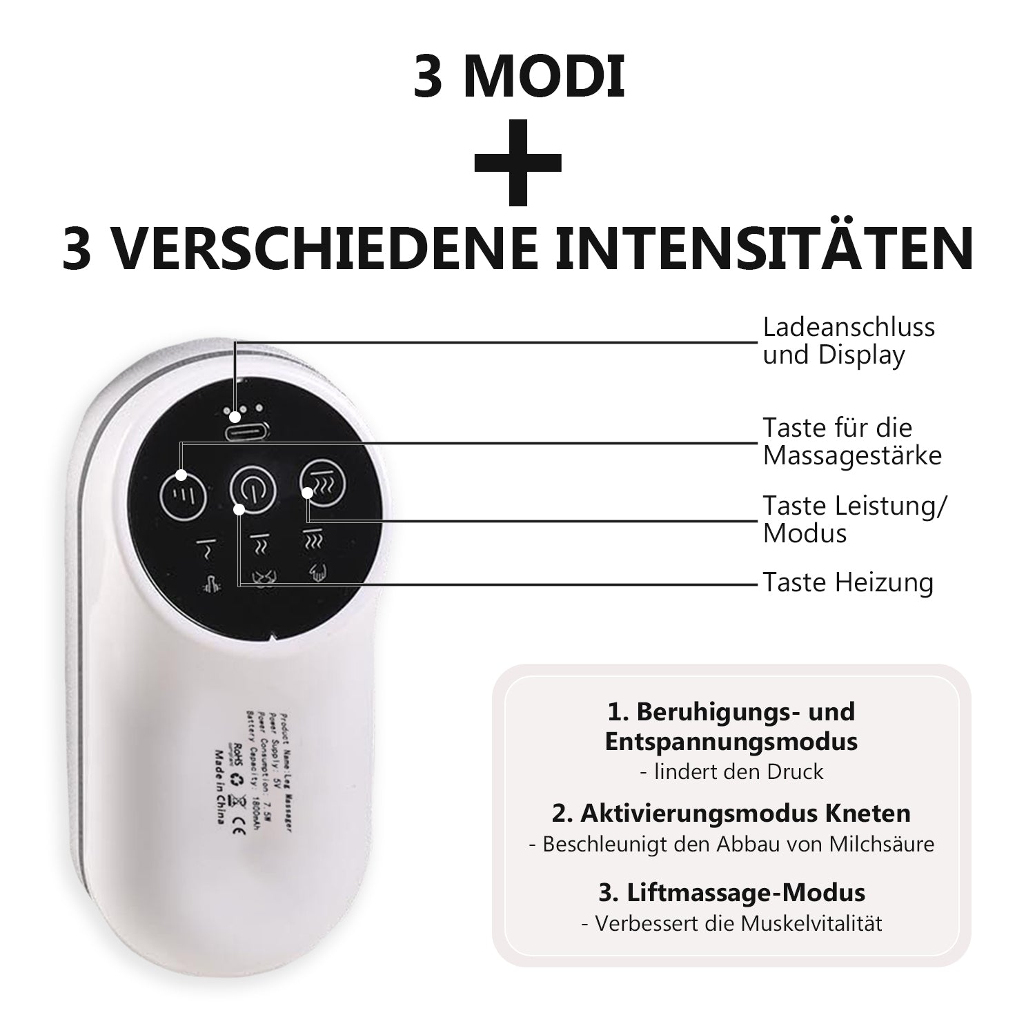 Therapeutischer Bequemer Beinmassierer Deluxe, Wärmetherapie, 3 Stufen Stärkeeinstellung, Baumwolle