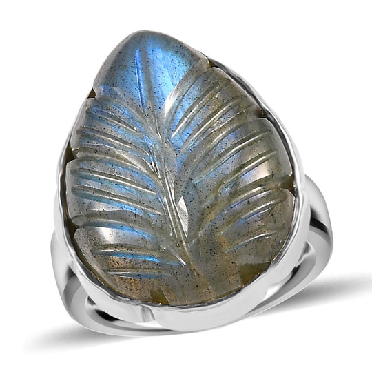 Handgeschnitzter Labradorit Ring, 925 Silber platiniert ca. 15.41 ct