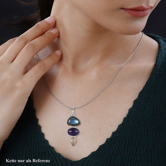 Handwerker Stil Labradorit, Afrikanischer Amethyst Anhänger 925 Silber ca. 17.72 ct