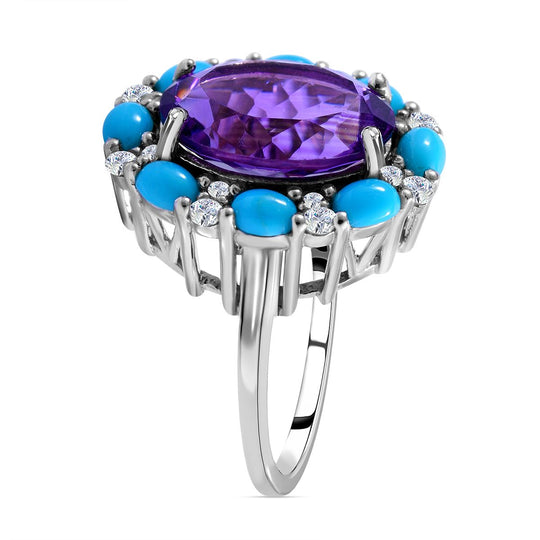AA Lusaka Amethyst, Sleeping Beauty Türkis Ring, 925 Silber platiniert ca. 8.09 ct