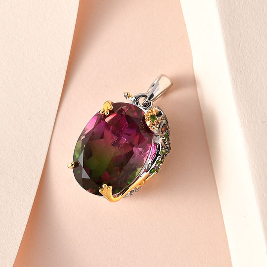 Wassermelonen-Quarz-Triplett, Roter Granat Anhänger 925 Silber Bicolor ca. 14,17 ct.
