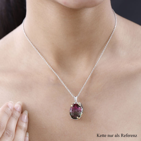 Wassermelonen-Quarz-Triplett, Roter Granat Anhänger 925 Silber Bicolor ca. 14,17 ct.