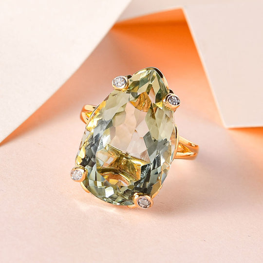 Prasiolite, Weißer Zirkon Ringe 925 Silber Gelbgold Vermeil ca. 20.43 ct