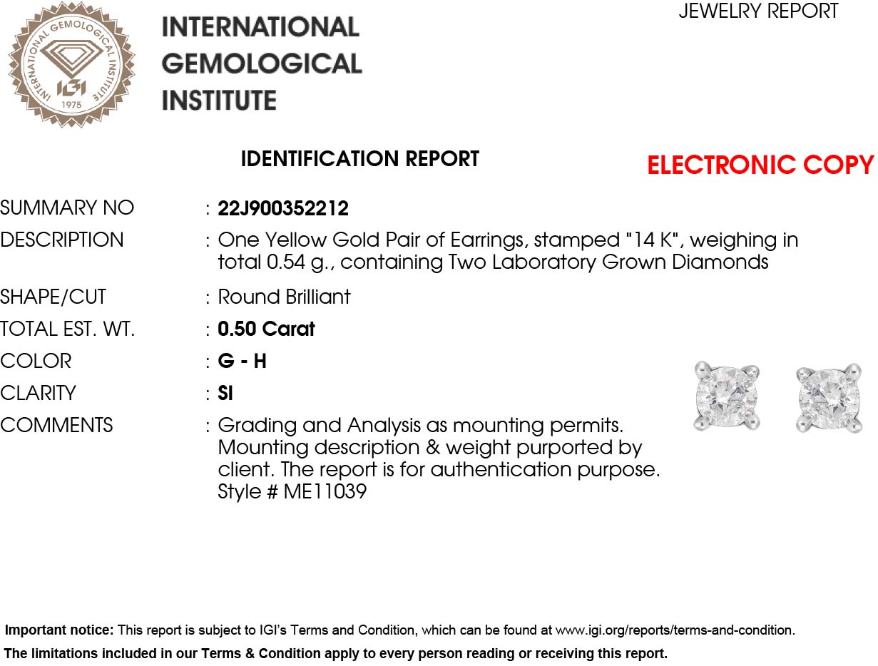 Lab grown Diamant-Ohrringe, IGI zertifiziert SI-GH Ohrringe, 585 gelbgold, ca. 0.50 ct