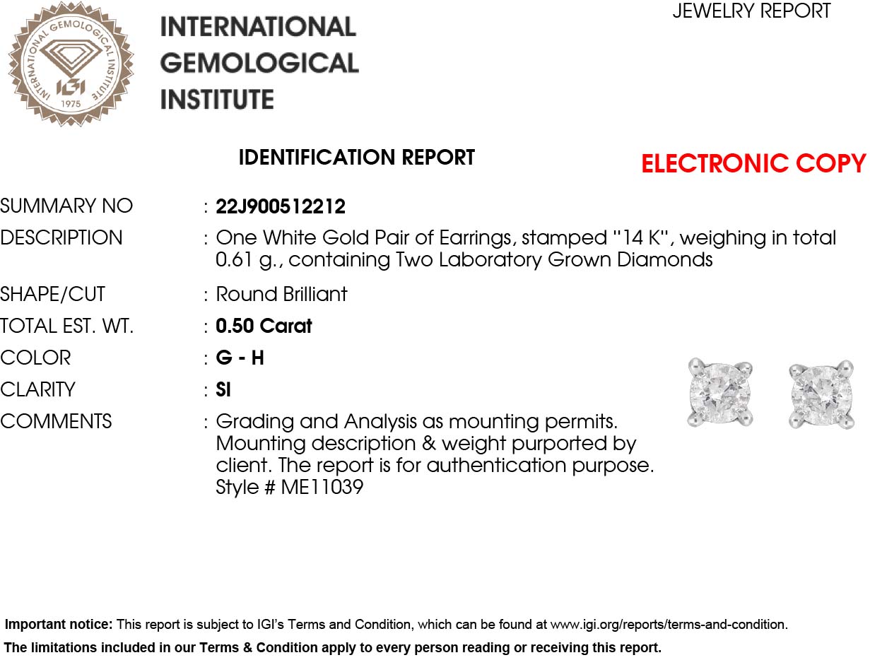Lab-grown Diamant, IGI zertifiziert SI-GH Ohrringe, 585 Weißgold, ca. 0.50 ct