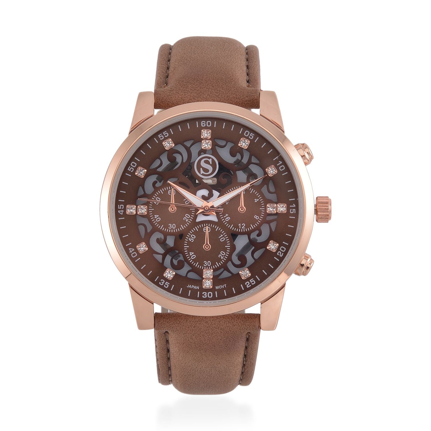 Strada Japanisches Uhrwerk - Exklusive Uhr mit braunem Hohlzifferblatt, braunem PU-Band und Edelstahl-Schnalle, Weißer Kristall Uhr, 23cm, rose