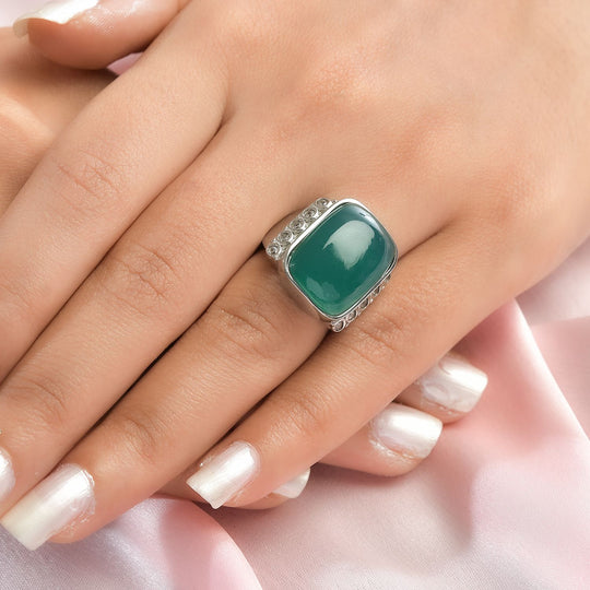 Grüner Onyx, Weißer Zirkon Ring, 316L Edelstahl ca. 14.61 ct