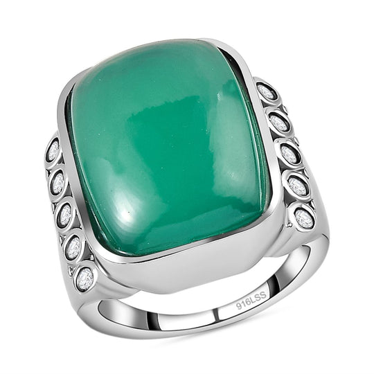 Grüner Onyx, Weißer Zirkon Ring, 316L Edelstahl ca. 14.61 ct