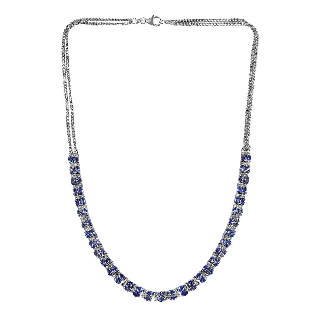 Tansanit, weißer Zirkon Halskette, ca. 45 cm 925 Silber platiniert ca. 13.18 ct