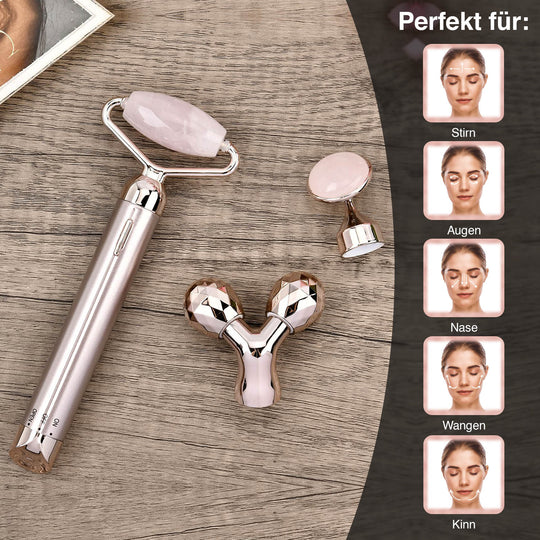 Rosenquarz Gesichtsroller Massagegerät mit Doppelkopf 2 Kugeln zur hautstraffung und festigung, Rosenquarz