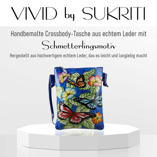VIVID by SUKRITI Handbemalte Echtleder Umhängetasche,  schwarz,15.75x19.80cm, Blumenmuster