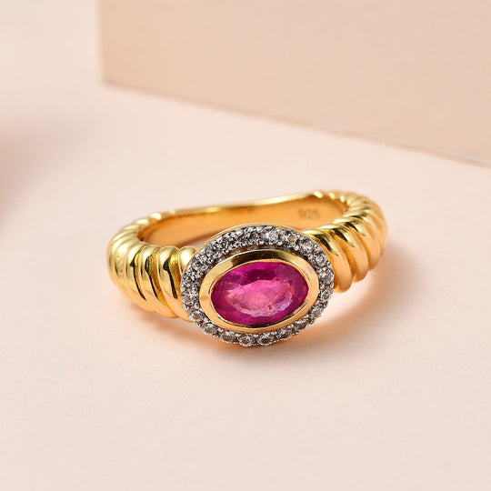 Ilakaka Rosa Saphir (Fissure gefüllt), weißer Zirkon Ring, 925 Silber vergoldet ca. 1.25 ct