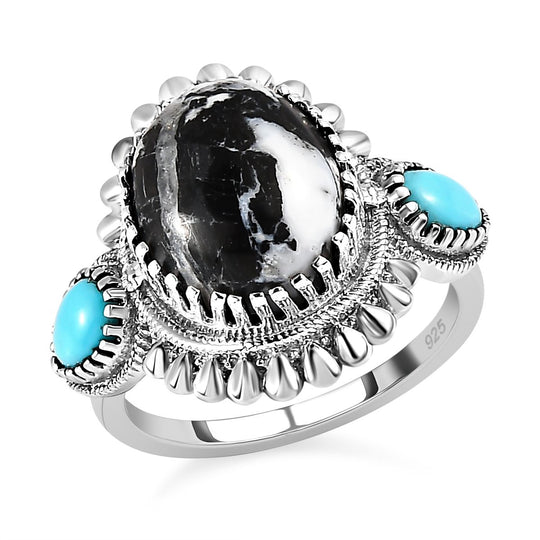 Weißer Büffel, Sleeping Beauty Türkis Ringe 925 Silber platiniert (Größe 17.00) ca. 6.37 ct