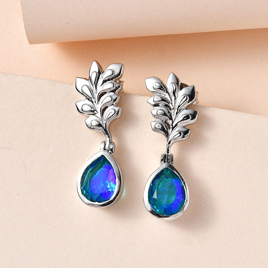 Paraiba Pfau Quarz Triplette, Weiße Zirkon Ohrringe, 925 Silber platiniert ca. 5.42 ct