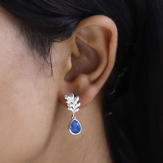 Paraiba Pfau Quarz Triplette, Weiße Zirkon Ohrringe, 925 Silber platiniert ca. 5.42 ct