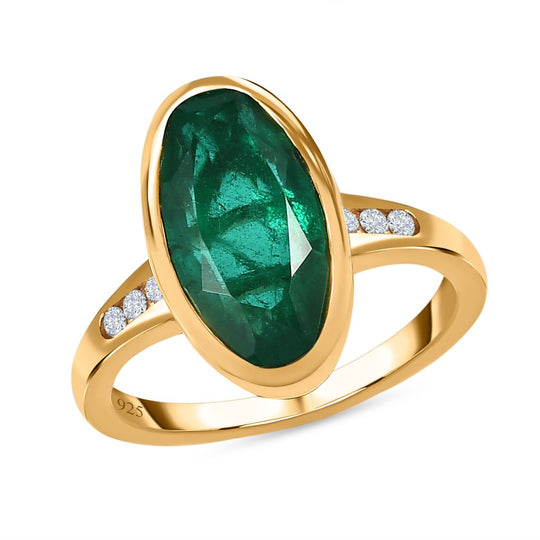 Smaragd-Quarz-Triplette, weißer Zirkon Ring, 925 Silber Gelbgold Vermeil ca. 3.85 ct