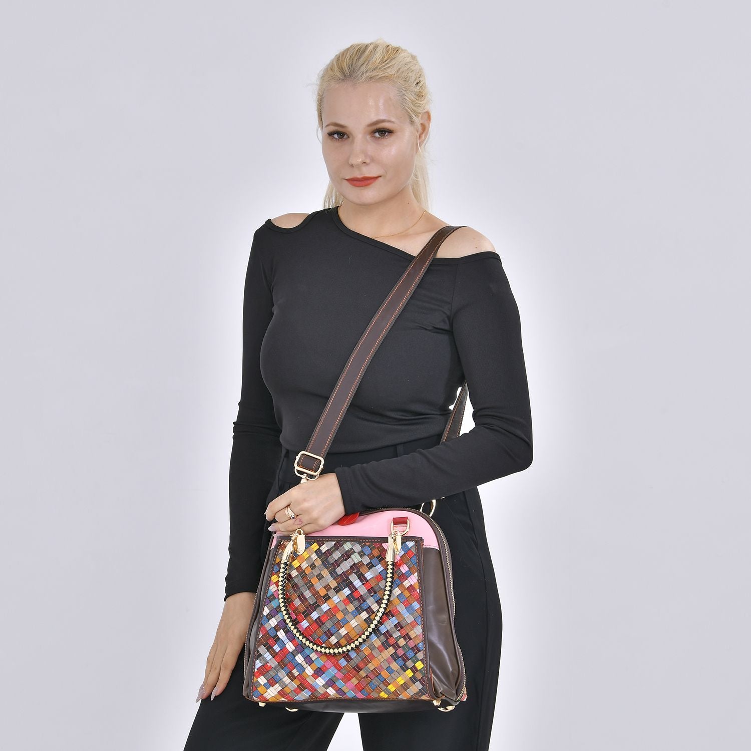 Chaos by Elsie - 100% Echtleder gewebter Tasche mit RFID schutz, 31x28x12 cm, Gewebt