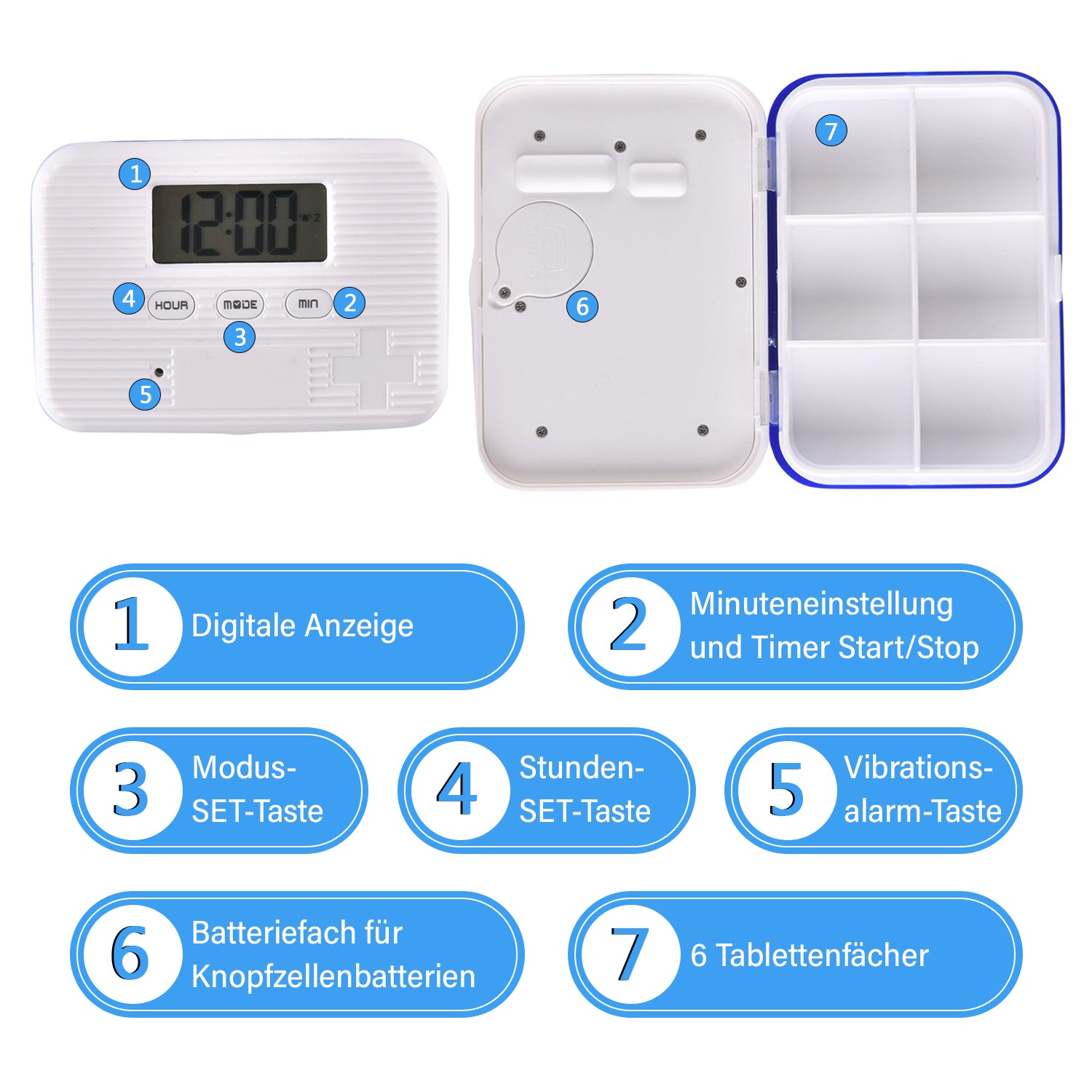 6-Fach Pillendose mit Timer, 9.5x6.5x2cm, Weiß
