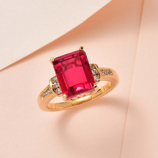 Magenta Rosa Quarz Triplette, weißer Zirkon Ring, 925 Silber vergoldet ca. 4.26 ct