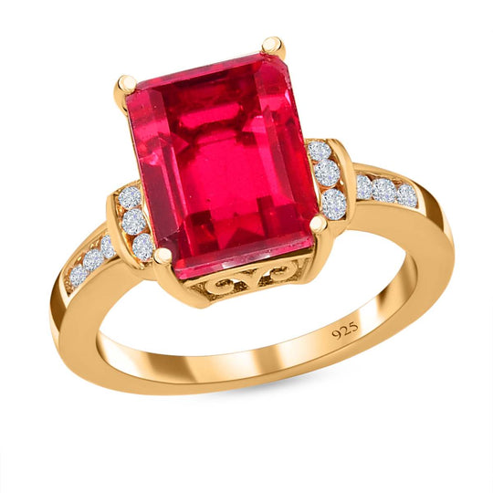 Magenta Rosa Quarz Triplette, weißer Zirkon Ring, 925 Silber vergoldet ca. 4.26 ct