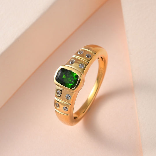 Natürlicher Chromdiopsid, weißer Zirkon Ring, 925 Silber vergoldet ca. 0.62 ct