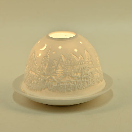 Weihnachts-Windlicht aus unglasiertes weißes Porzellan mit LED, 10 cm Diameter, weißer Engel