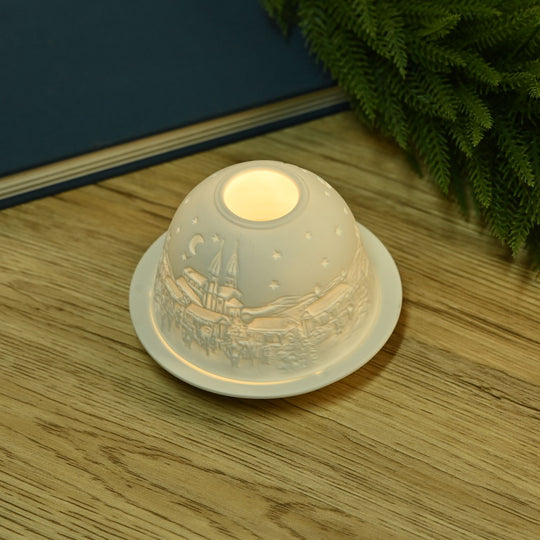 Weihnachts-Windlicht aus unglasiertes weißes Porzellan mit LED, 10 cm Diameter, weißer Engel