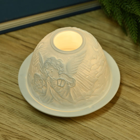 Weihnachts-Windlicht aus unglasiertes weißes Porzellan mit LED, 10 cm Diameter, weißer Engel