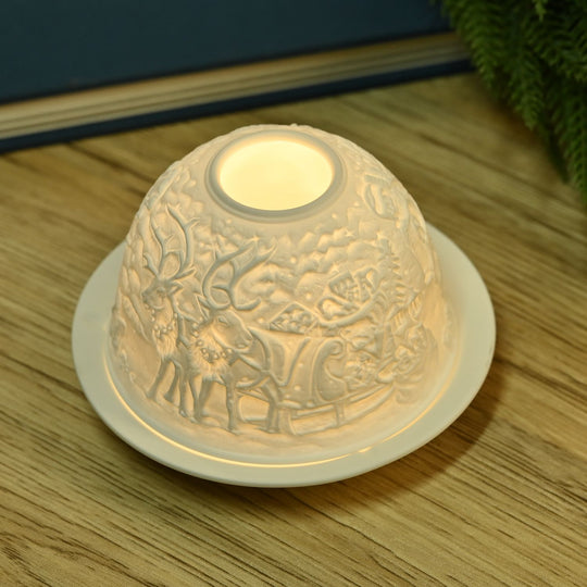 Weihnachts-Windlicht aus unglasiertes weißes Porzellan mit LED, 10 cm Diameter, weißer Engel