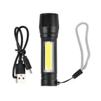 2-in-1 LED-Taschenlampe, wiederaufladbar mit COB-Licht: Drei Modi, Zoom, wasserdicht, rutschfest. 1200mAh Akku, USB-C. 9,5x10,2x2,8 cm