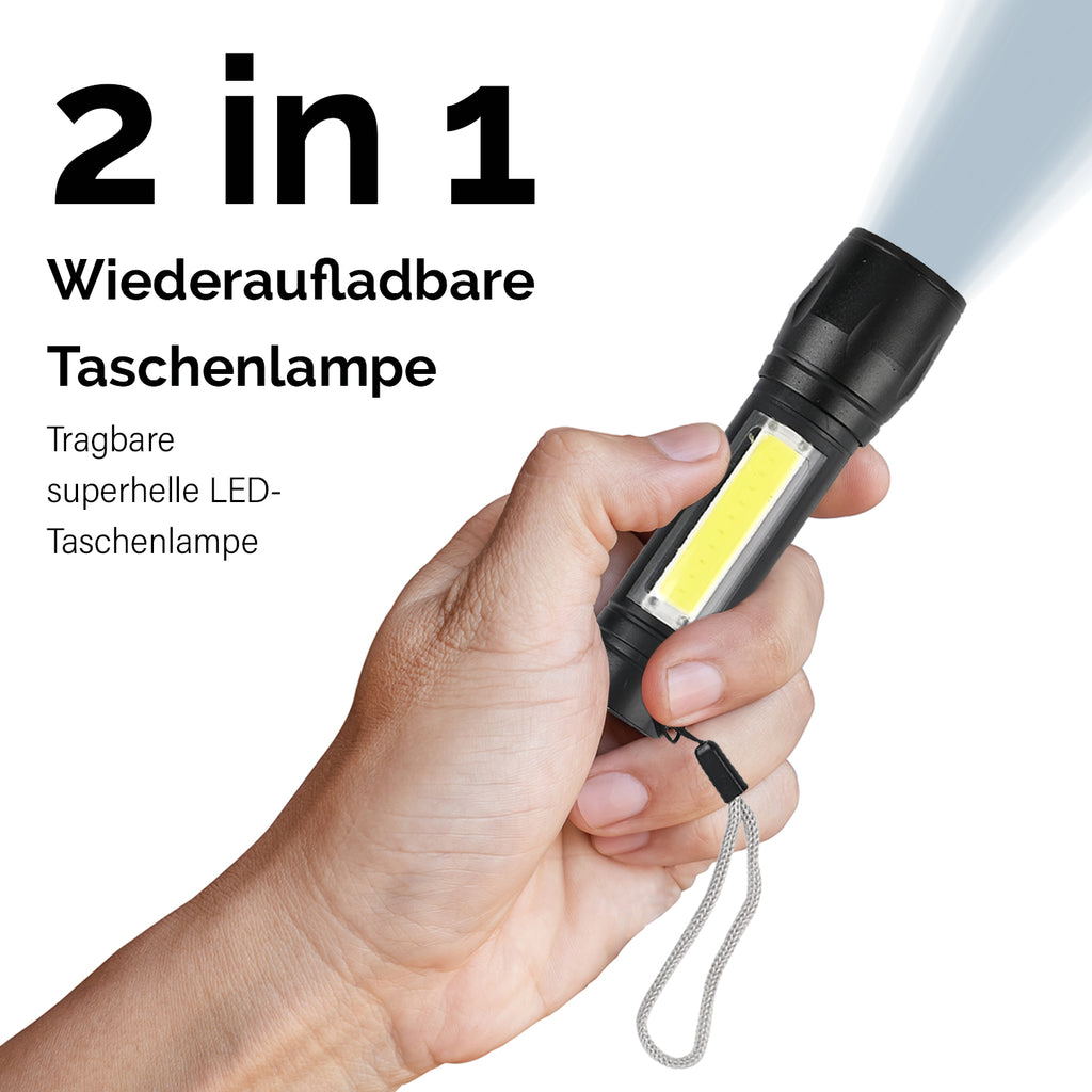 2-in-1 LED-Taschenlampe, wiederaufladbar mit COB-Licht: Drei Modi, Zoom, wasserdicht, rutschfest. 1200mAh Akku, USB-C. 9,5x10,2x2,8 cm