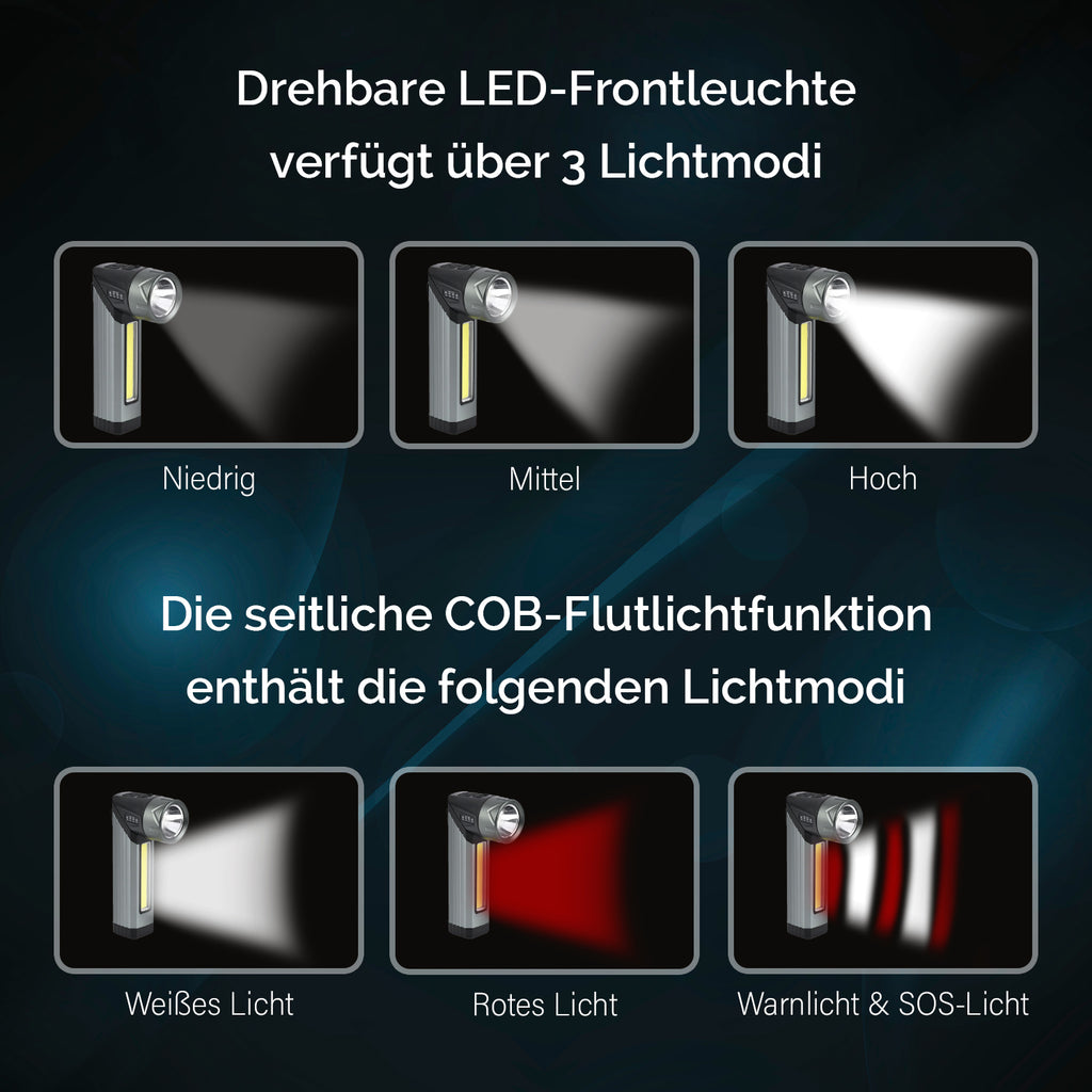 Wiederaufladbare Taschenlampe  mit drehbarem LED-Kopf mit 3 Beleuchtungsmodi