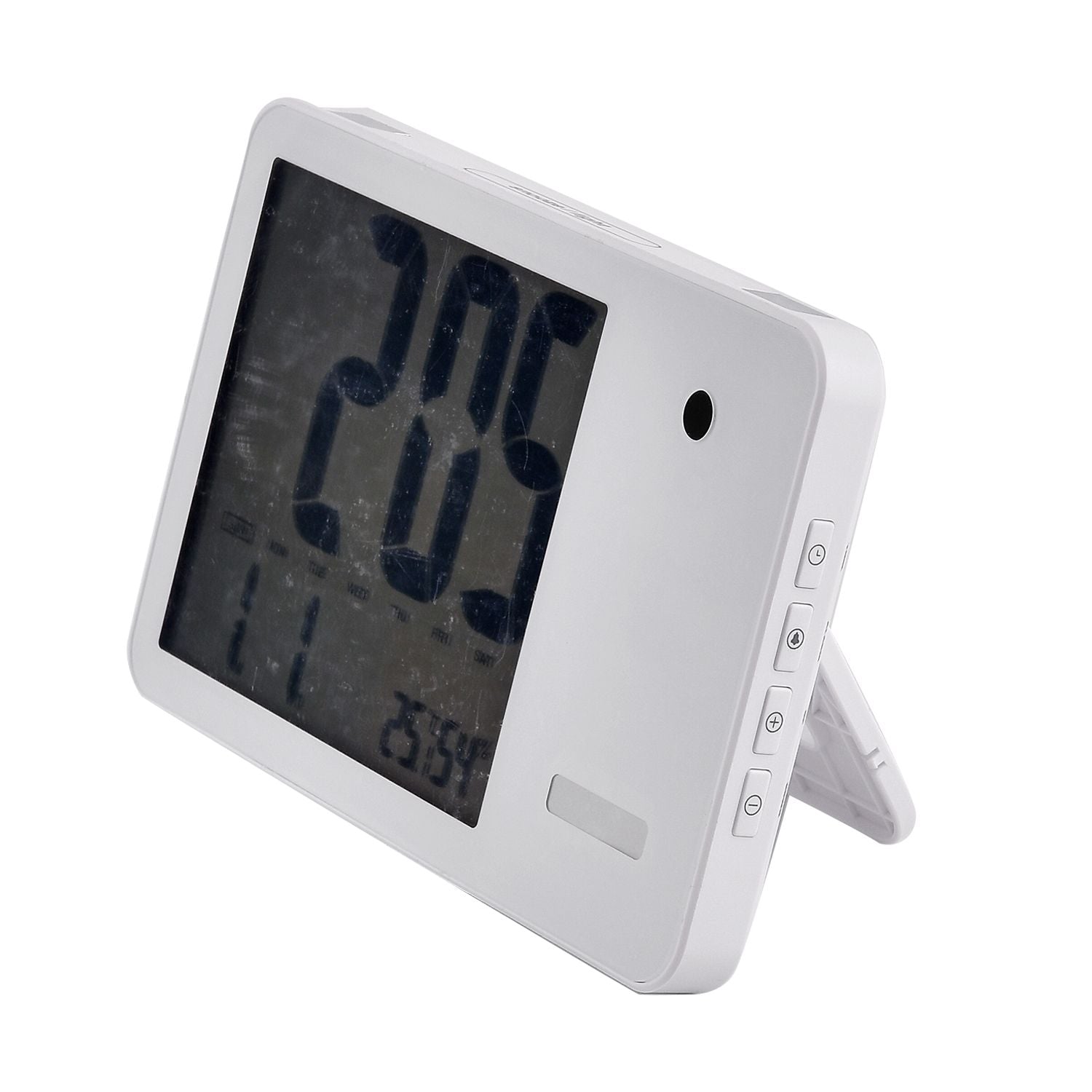 Multifunktionale Wetterstation mit Wecker, Musik, Raum- und Körpertemperatur, Luftfeuchtigkeitssensor, 19.2x12.3x2.8cm, weiß