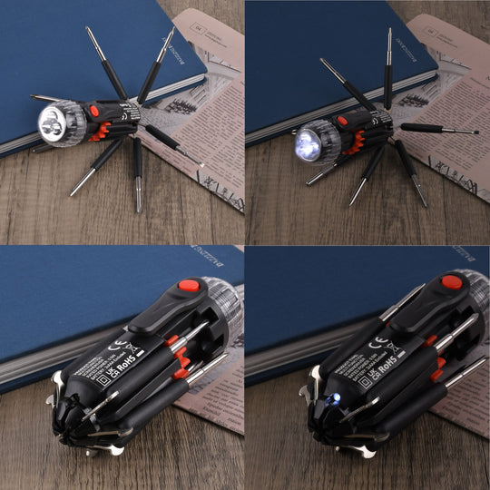 Vielseitiges 8-in-1 Werkzeugset mit LED-Taschenlampe, Auswahl an 3 Schlitz und 3 Kreuzschlitzschraubendrehern, Mini-Set, Arbeitsleuchte, 2x AAA (nicht enthalten)