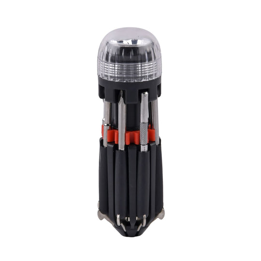 Vielseitiges 8-in-1 Werkzeugset mit LED-Taschenlampe, Auswahl an 3 Schlitz und 3 Kreuzschlitzschraubendrehern, Mini-Set, Arbeitsleuchte, 2x AAA (nicht enthalten)