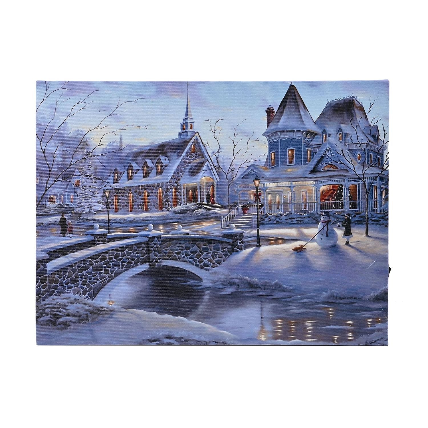 Winterdruck auf Leinwand mit LED- und Glasfaserlicht, 30x40 cm, 3AA (nicht inkl.), Schneemann