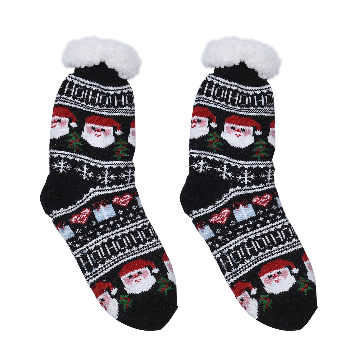 2er-Set - 2 Paar rutschfeste Haus Socken mit warmem Sherpa Futter, Einheitsgröße Weihnachtsmotiv