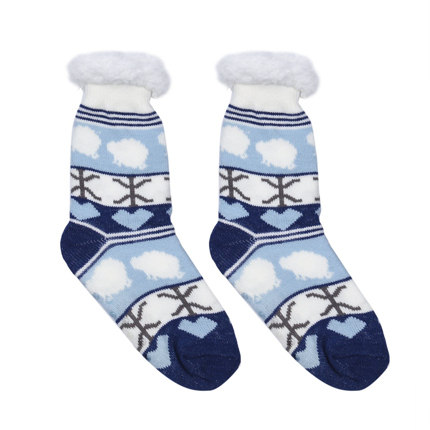 2er-Set - 2 Paar rutschfeste Haus Socken mit warmem Sherpa Futter, Einheitsgröße Weihnachtsmotiv