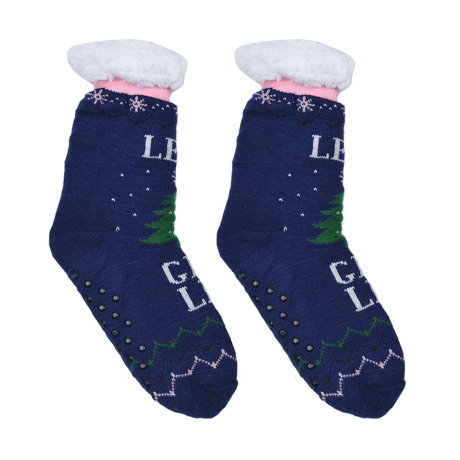 2er-Set - 2 Paar rutschfeste Haus Socken mit warmem Sherpa Futter, Einheitsgröße Weihnachtsmotiv, Schwarz und Blau