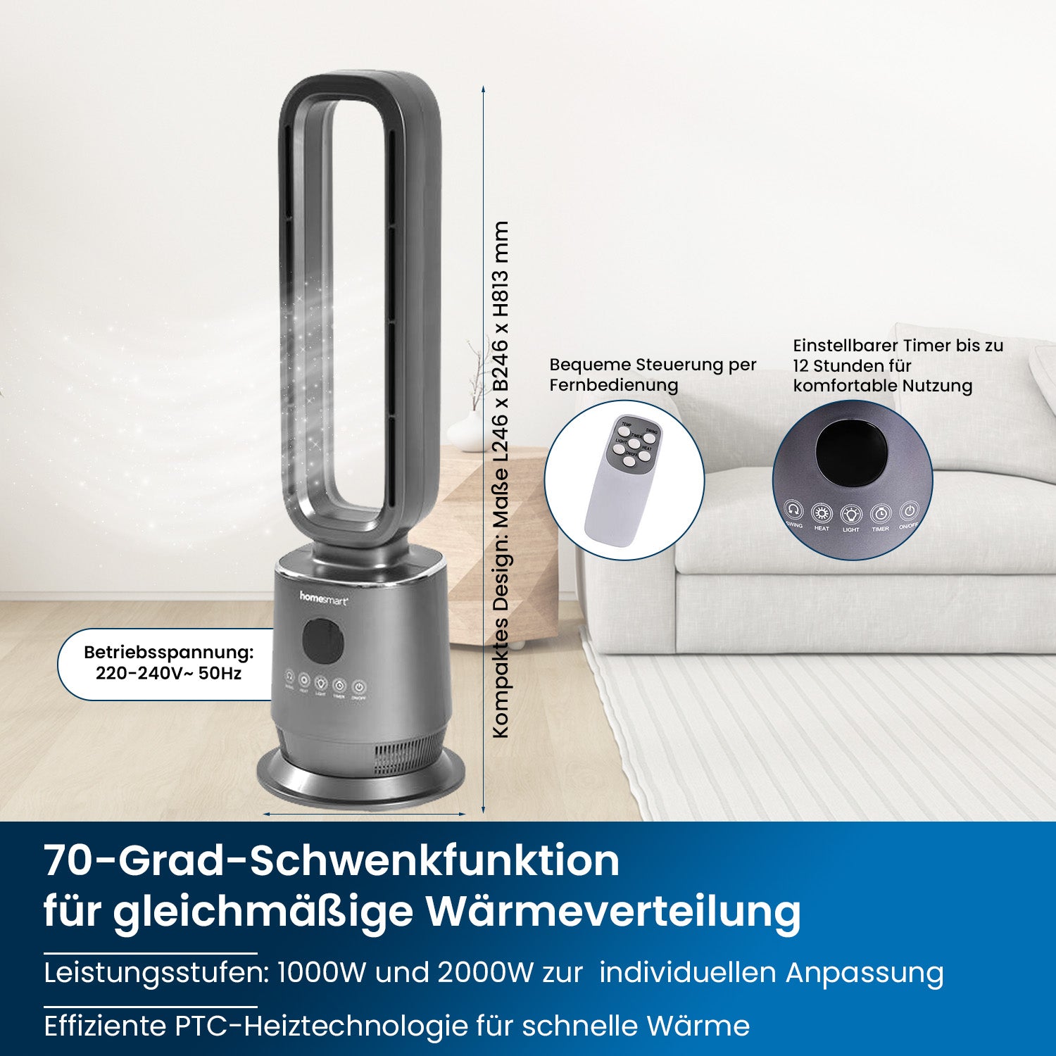 Homesmart - Multifunktionaler Ventilator mit LED-Licht und Wärmefunktion, 1000/2000W