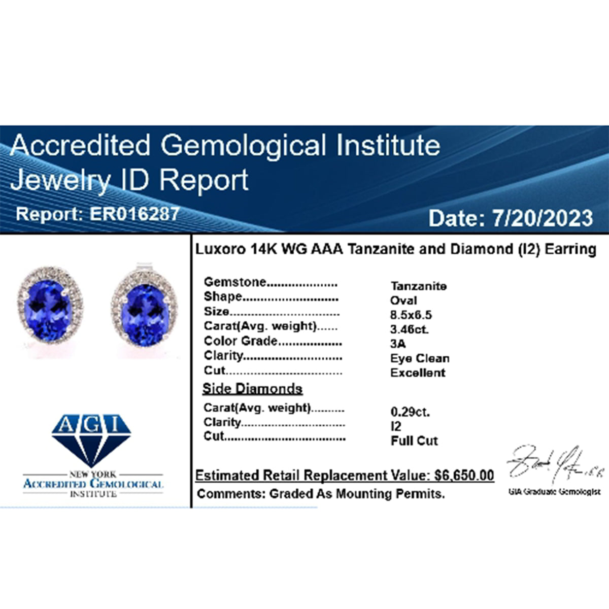 LUXORO AAA Tansanit, Weißer Diamant AGI zertifiziert Ohrringe 585 Gold ca. 3.75 ct