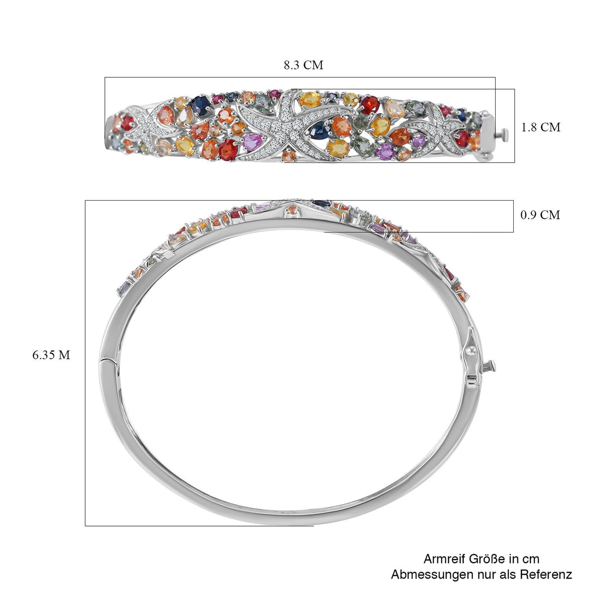 Mehrfarbig Saphir Armreif ca. 19 cm 925 Silber rhodiniert ca. 7,92 ct.