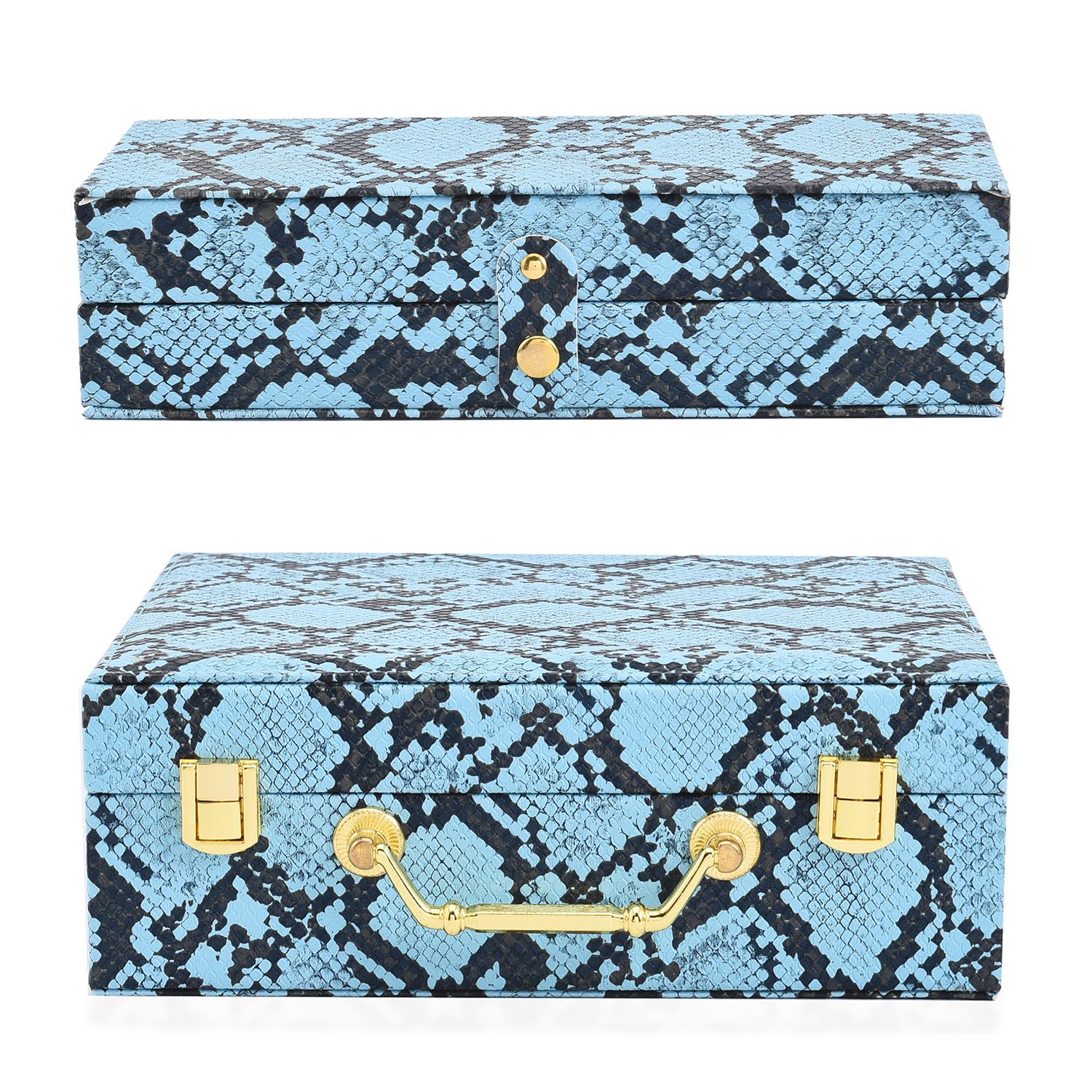 2er-Set, Schmuckkasten mit Reise-Etui aus Kunstleder mit Python-Prägung, 24x19x9 und 22x17x3 cm, Blau